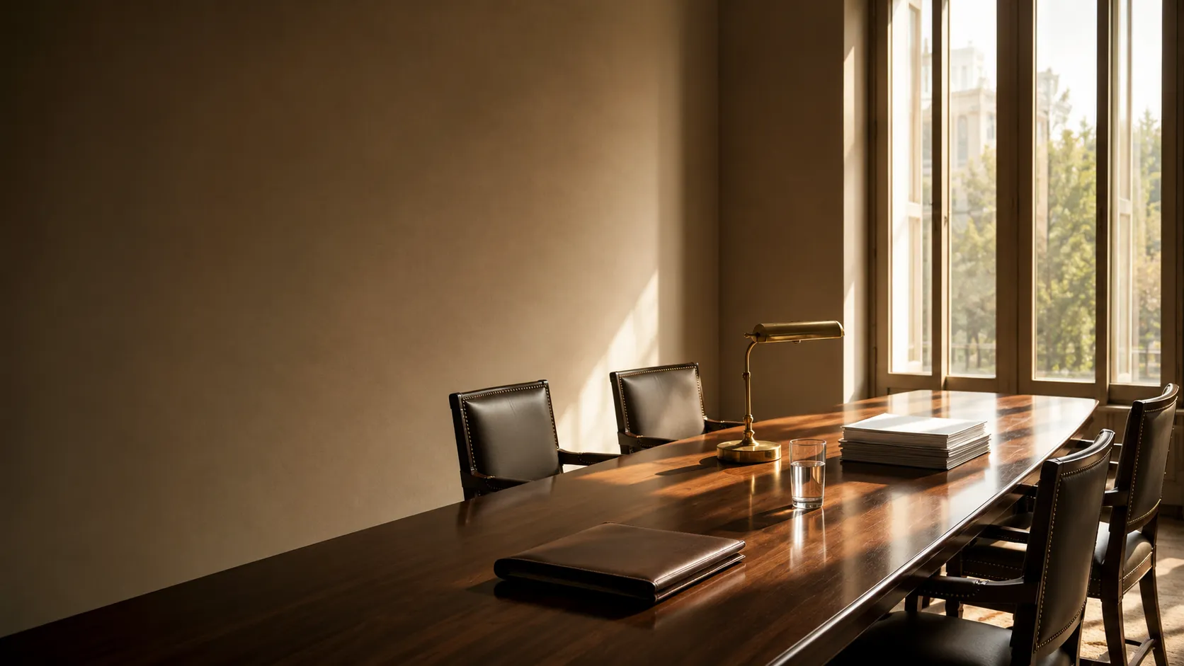An empty committee room set for a formal inquiry, early morning light across the table.